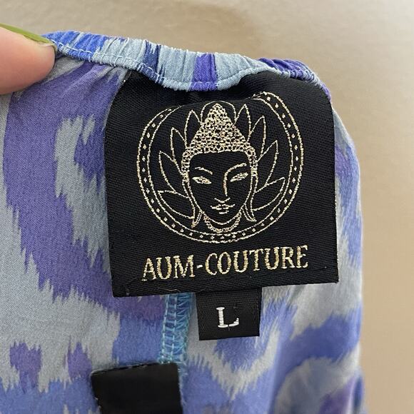 AUM COUTURE Blue Purple 100% Silk Ikat Paisley Print Pants Pull On Beach Boho L - Picture 6 of 10